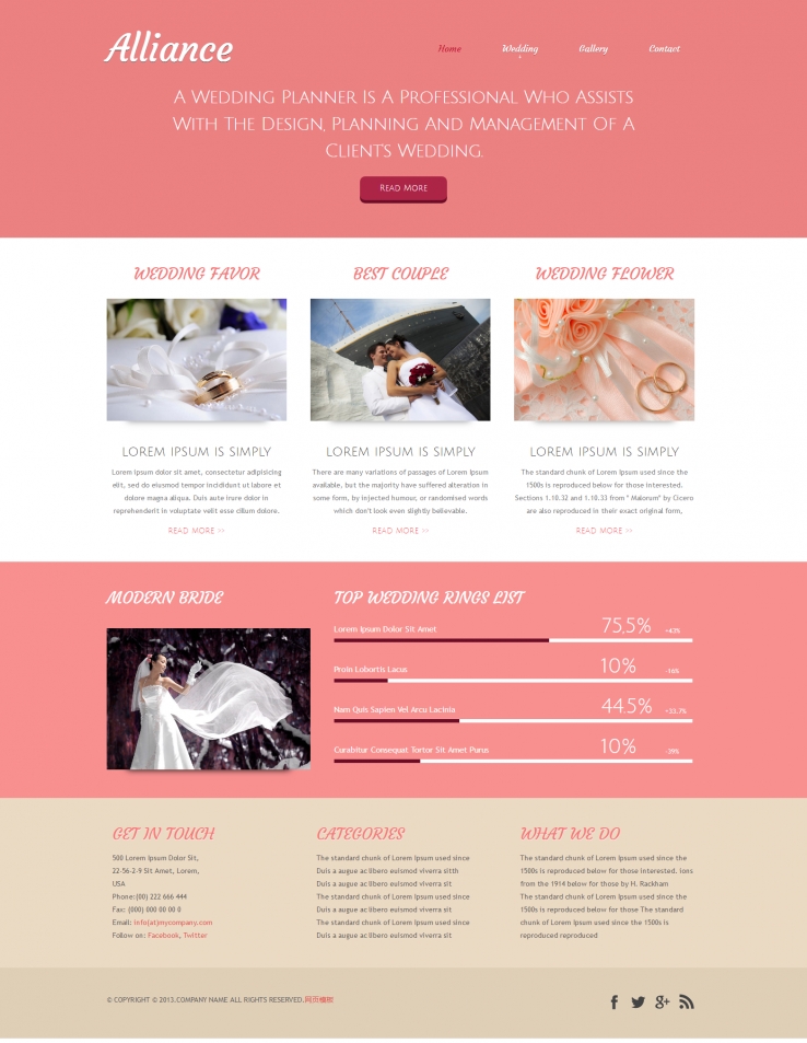 粉色扁平化风格的婚礼策划企业网站CSS3模板