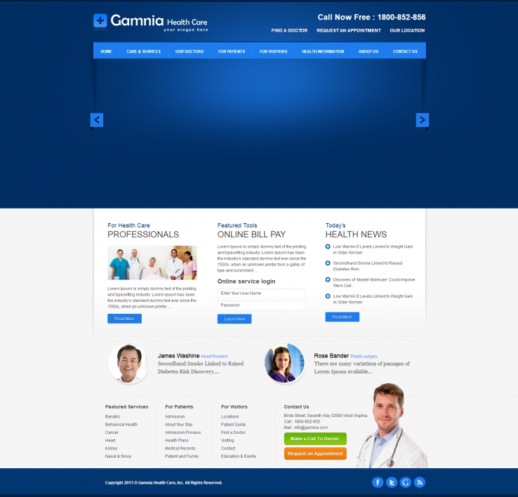 深蓝色宽屏风格的卫生保健HTML网站模板