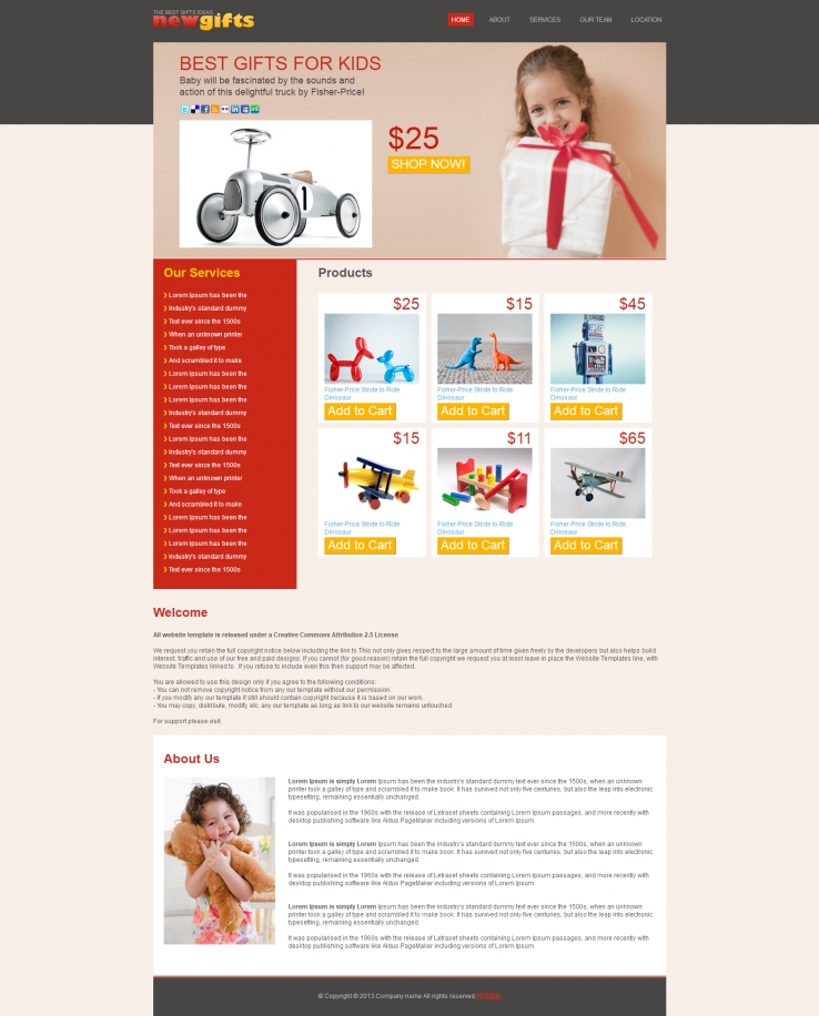 红色扁平化风格的儿童玩具礼品页面CSS模板