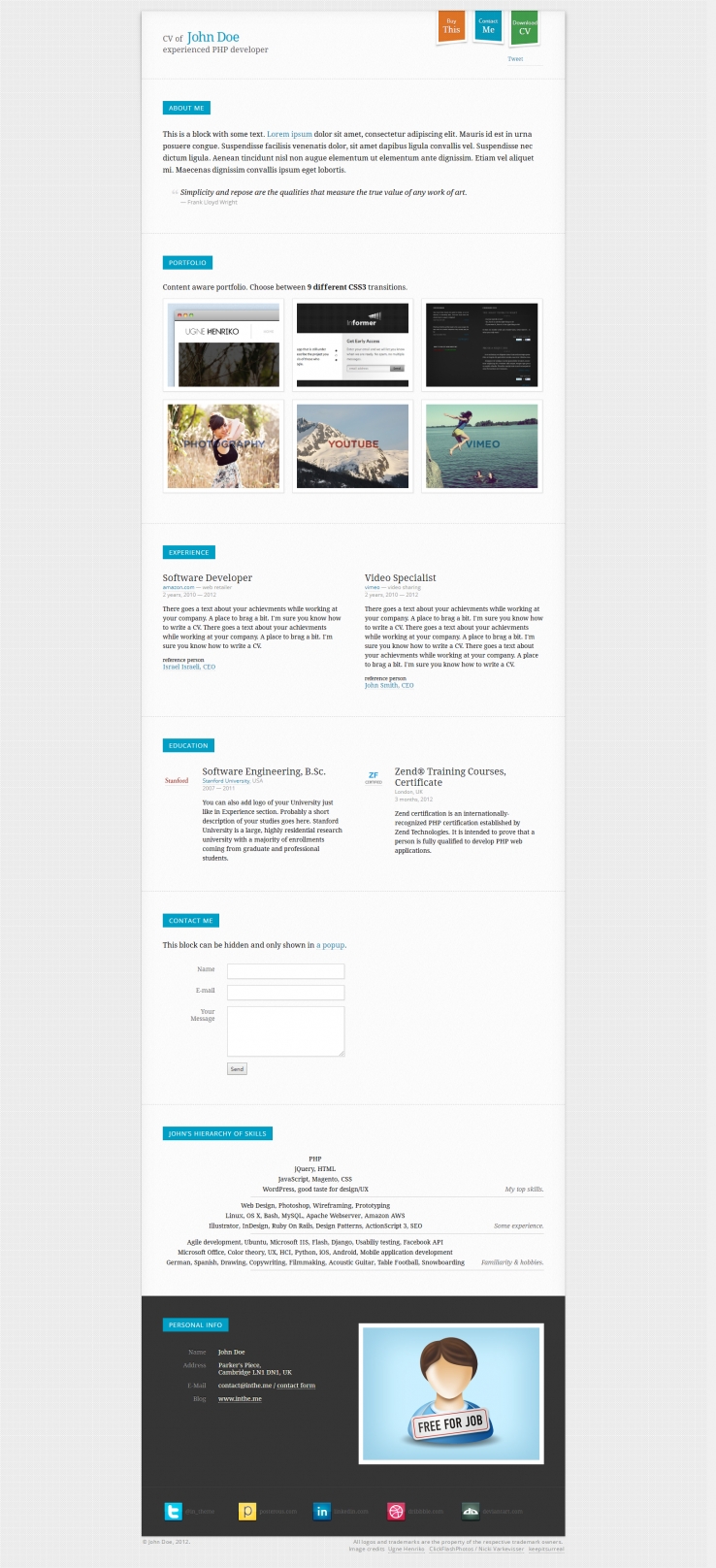 蓝色简洁风格的个人简介CSS3网站模板