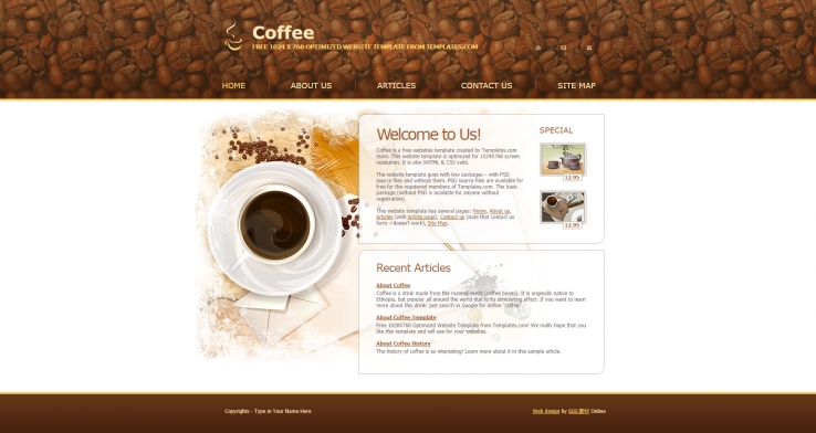 简洁复古风的咖啡饮料店网页模板下载