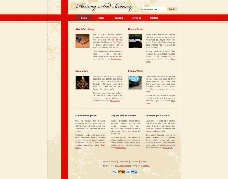 黄色简洁风格的历史图书馆网页CSS模板下载