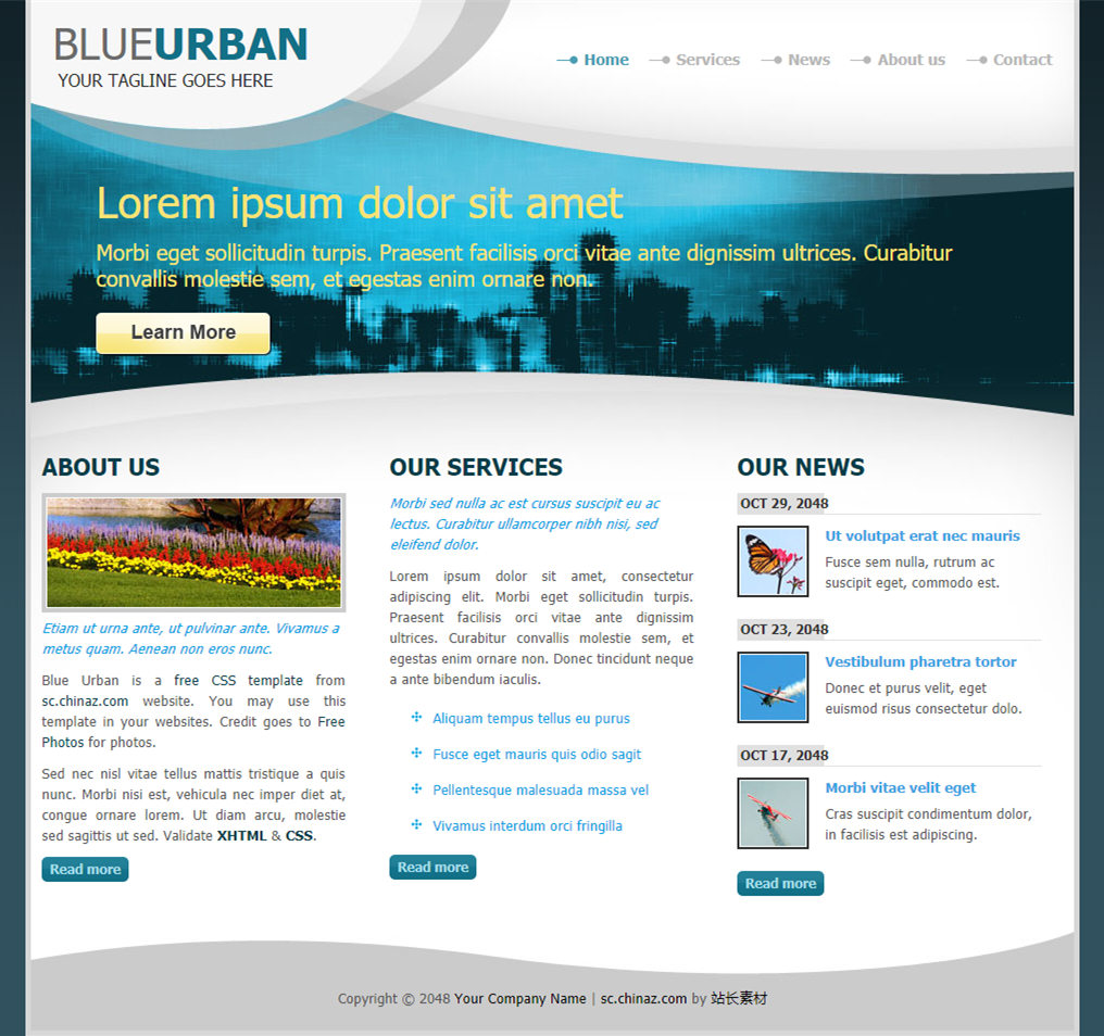 蓝色城市背景的设计企业网页模板下载