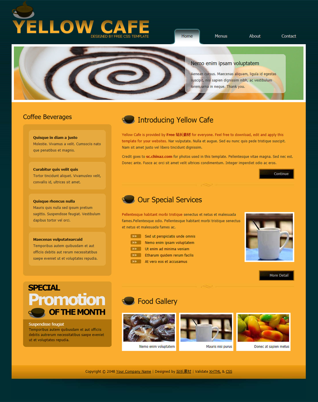 美味精致风的黄咖啡馆网站网页模板下载