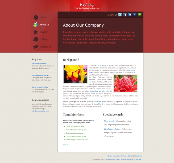 红色扁平化风格的企业网站商务模板