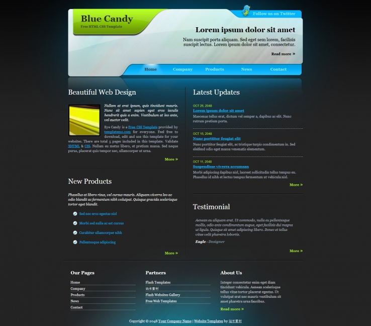 黑色大气风格的蓝色糖果设计网页模板下载