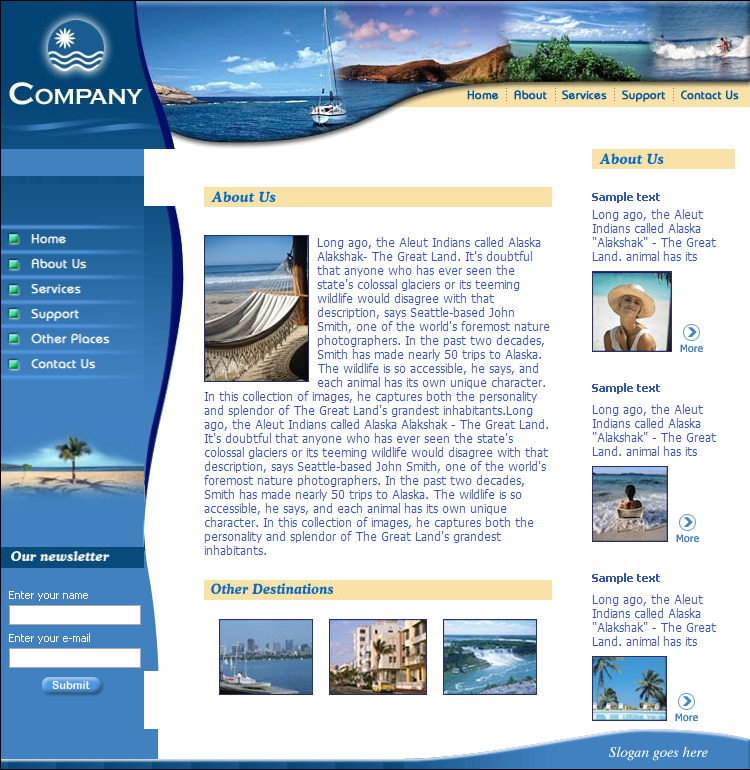 蓝色欧美风格的海滩旅游网站模板下载