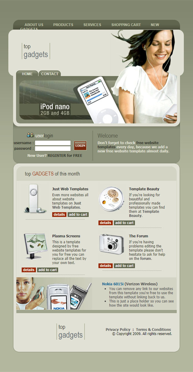 简洁深绿色的数码产品ipod网页模板下载