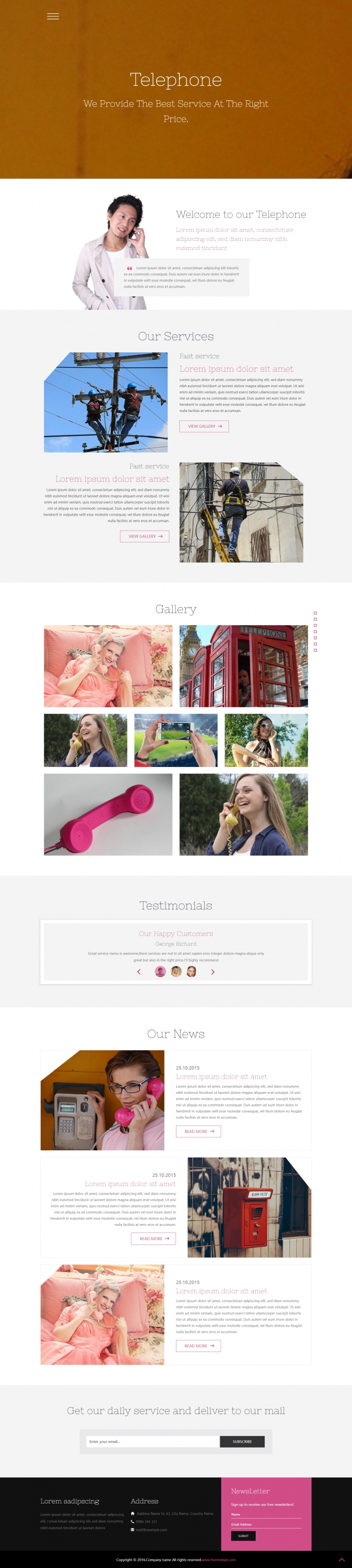 粉色简洁风格的手机电话通讯企业网站模板