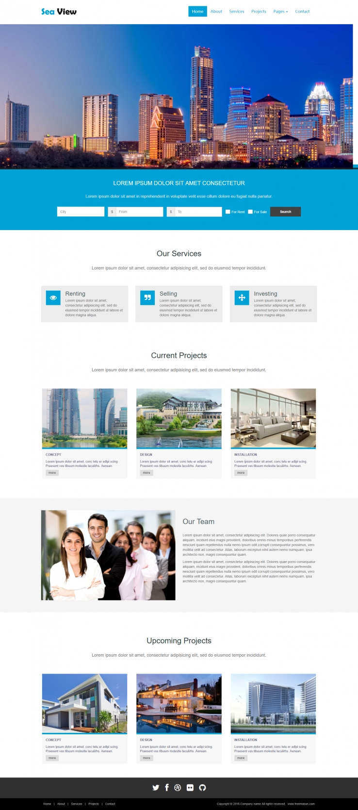 蓝色宽屏风格的海景别墅设计企业网站模板