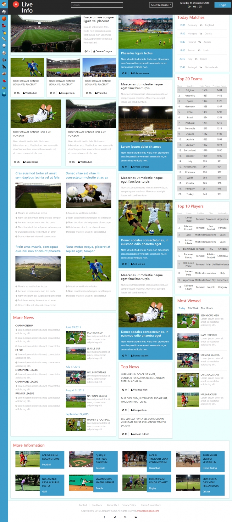 蓝色创意风格的足球世界杯赛事网站模板下载