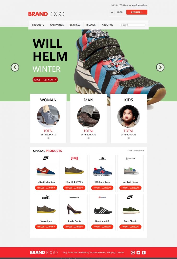 白色简洁风格的品牌运动鞋商城网站模板下载