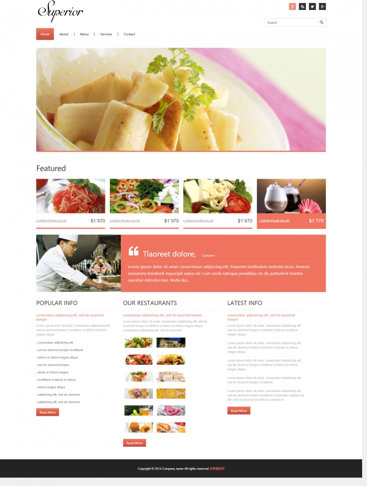 红色简洁风格的意面快餐蛋糕企业网站模板