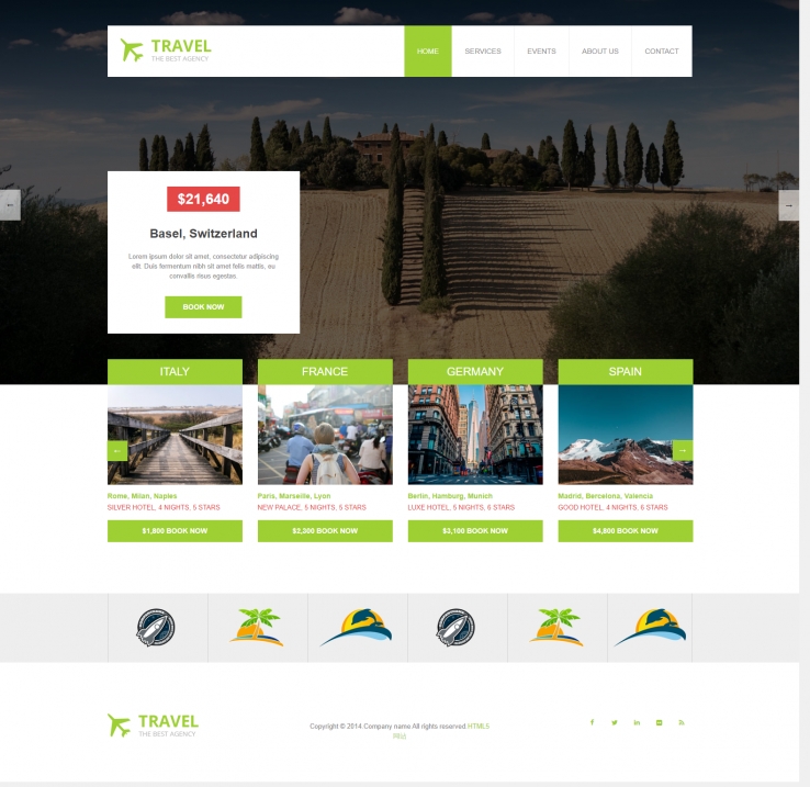 绿色简洁风格的欧美旅游企业网站模板