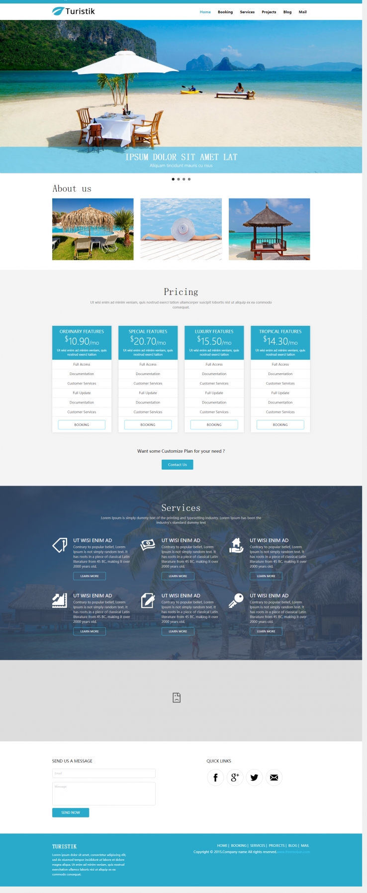 蓝天扁平风格的海滩旅游企业网站模板