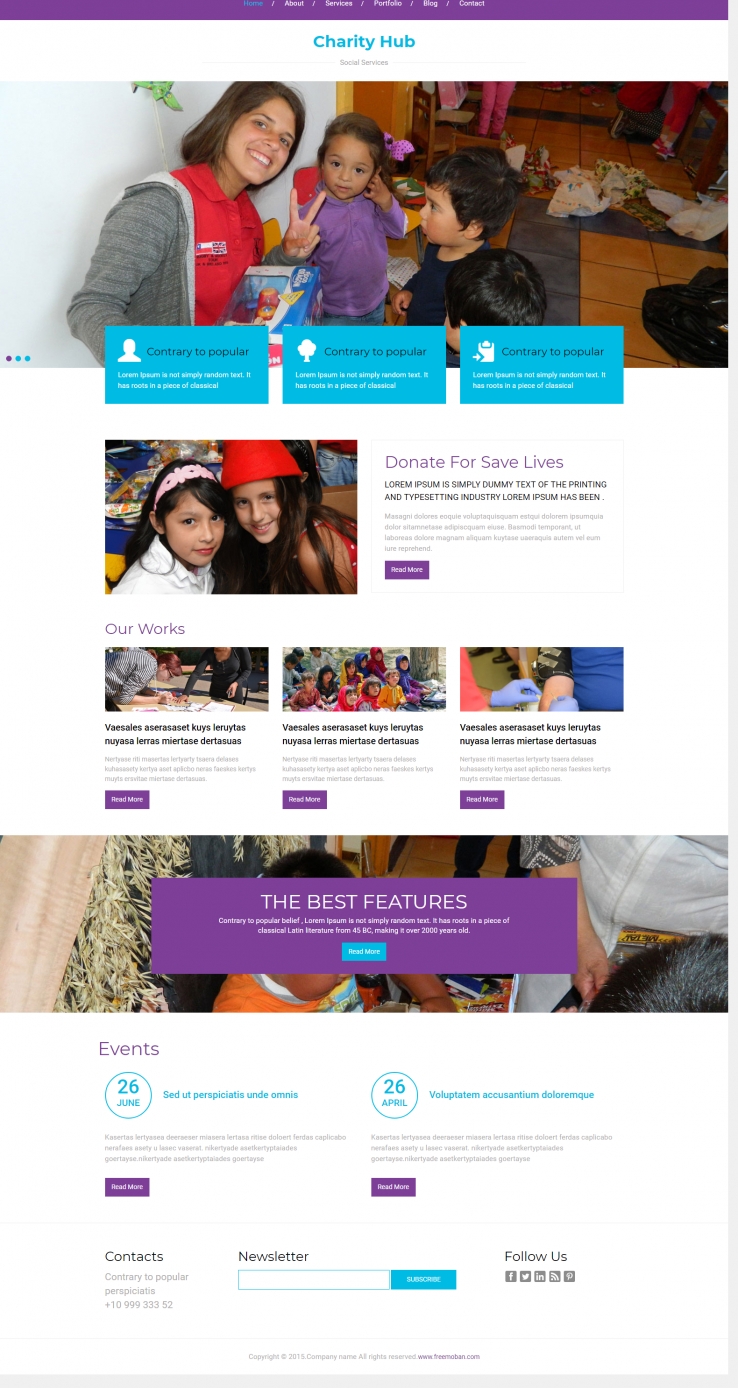 紫色扁平风格的非洲儿童救助公益企业网站模板
