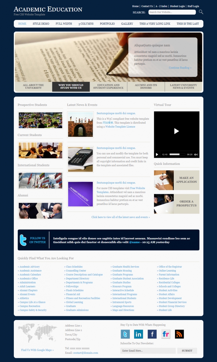 精致简洁蓝色的欧美大学教育企业整站模板下载