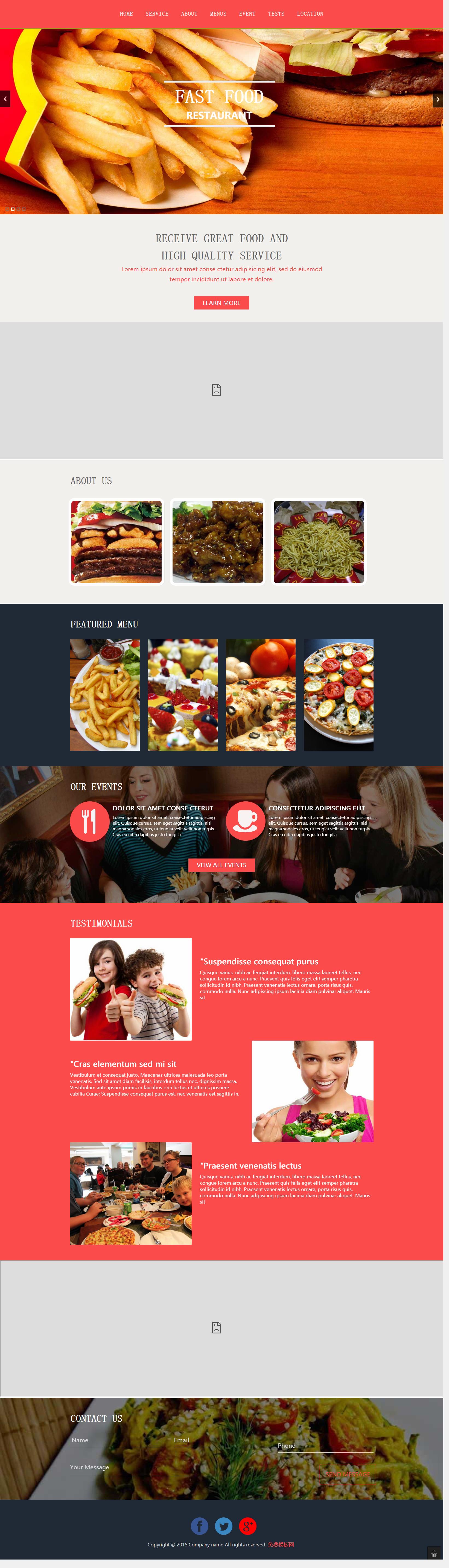 红色宽屏风格的快餐美食外卖网站模板下载