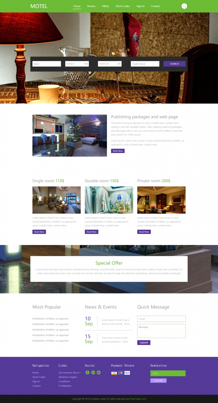 绿色扁平风格的便捷酒店企业网站模板