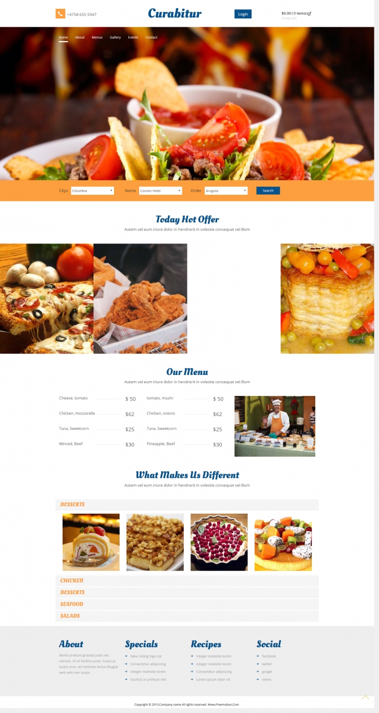 蓝色精美风格的鸡排甜品美食网站模板下载