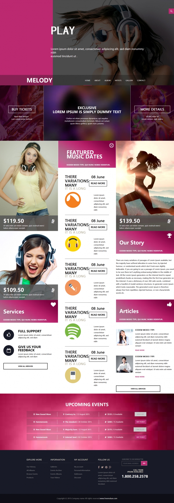 粉色个性风格的专业音乐耳机网站模板下载