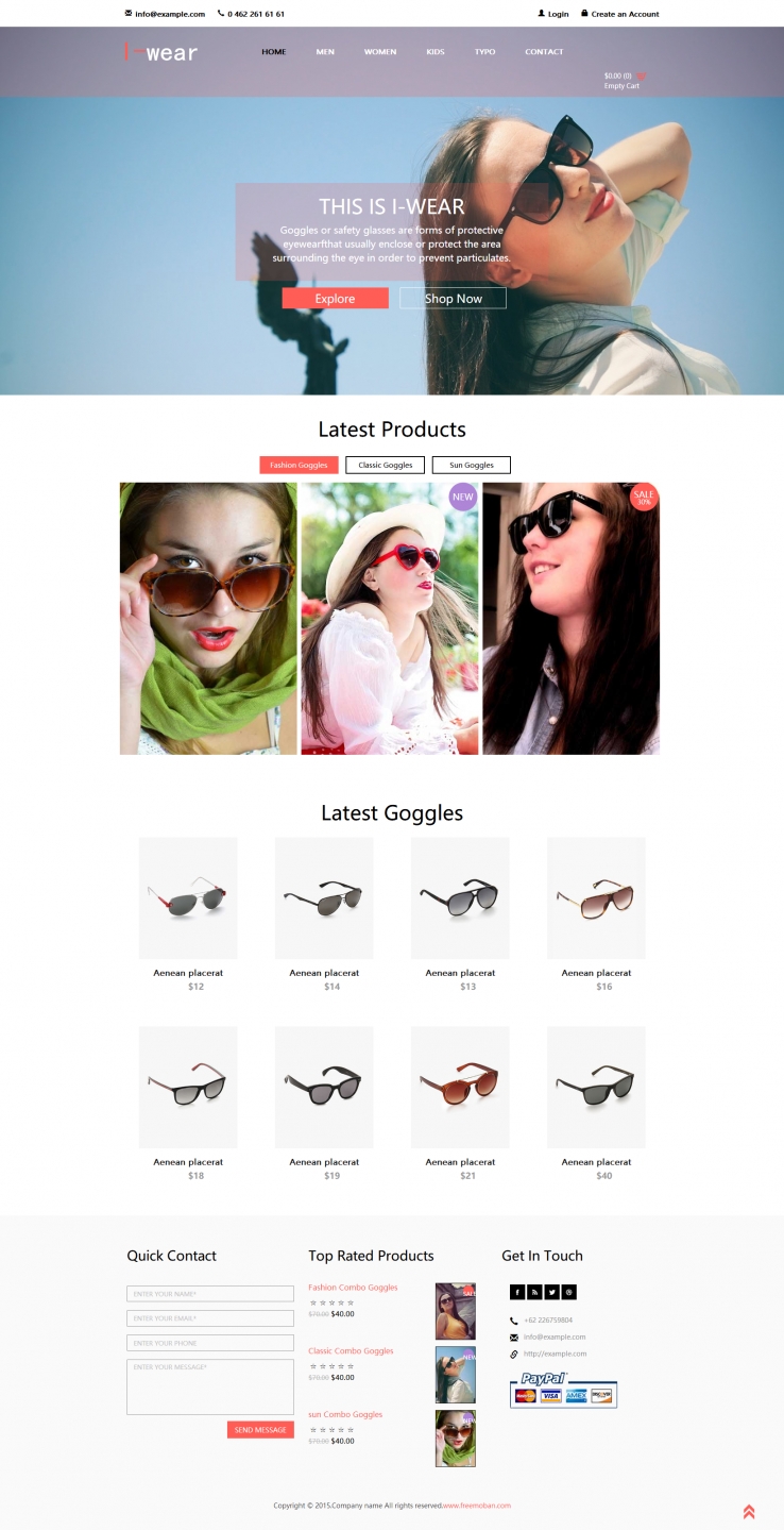红色欧美风格的时尚墨镜网页模板下载