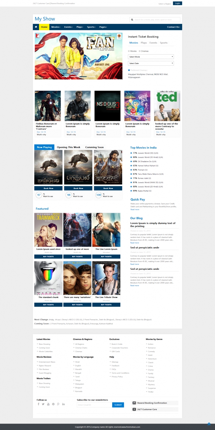 蓝色简洁风格的电影影评网站模板下载