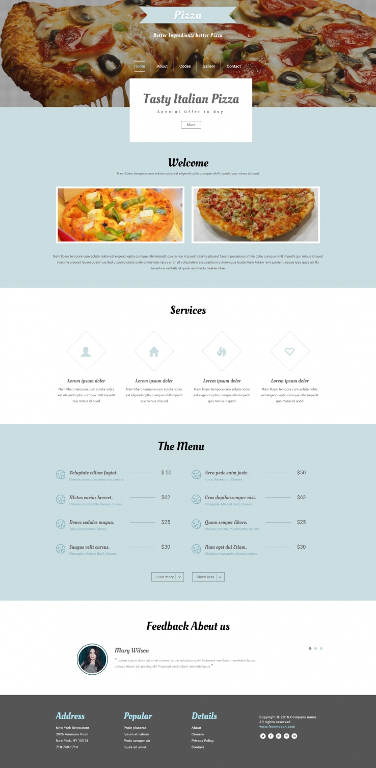 蓝色简洁风格的美味披萨pizza整站网站模板