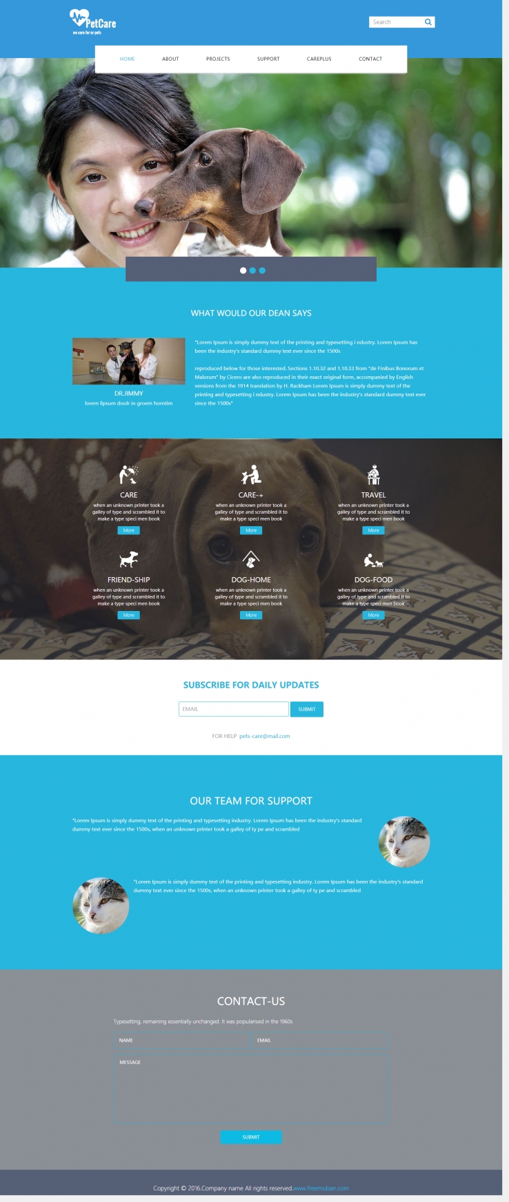 蓝色扁平风格的宠物医院整站网站模板