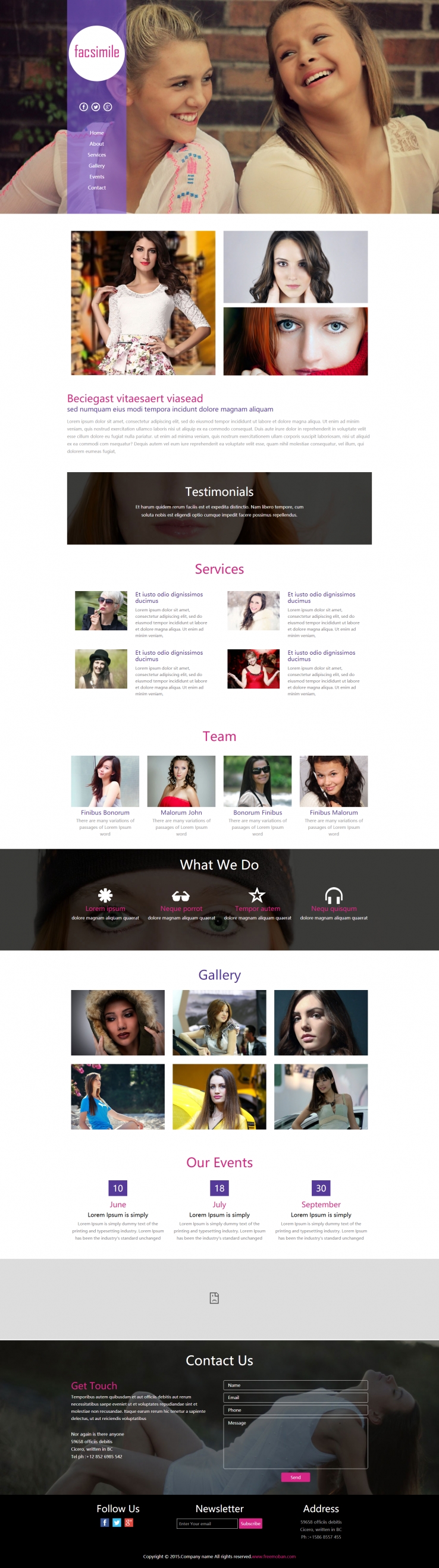紫色欧美风格的女性摄影写真网页模板下载