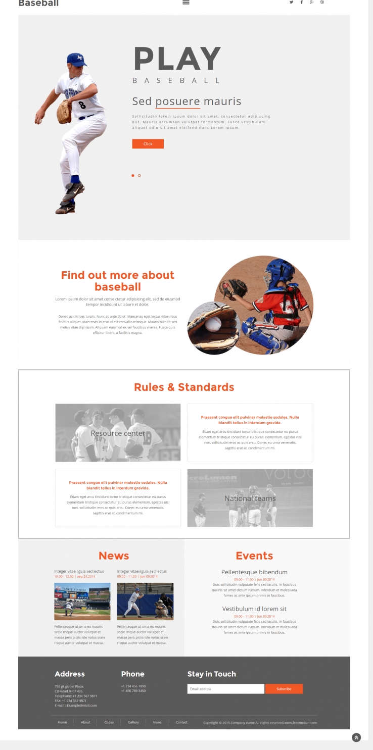 橙色简洁风格的棒球运动网页模板下载