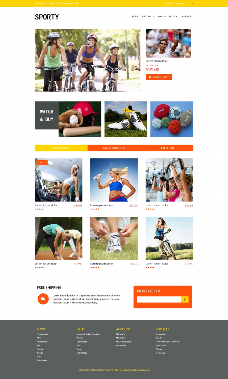 黄色欧美风格的体育健身运动网站模板下载
