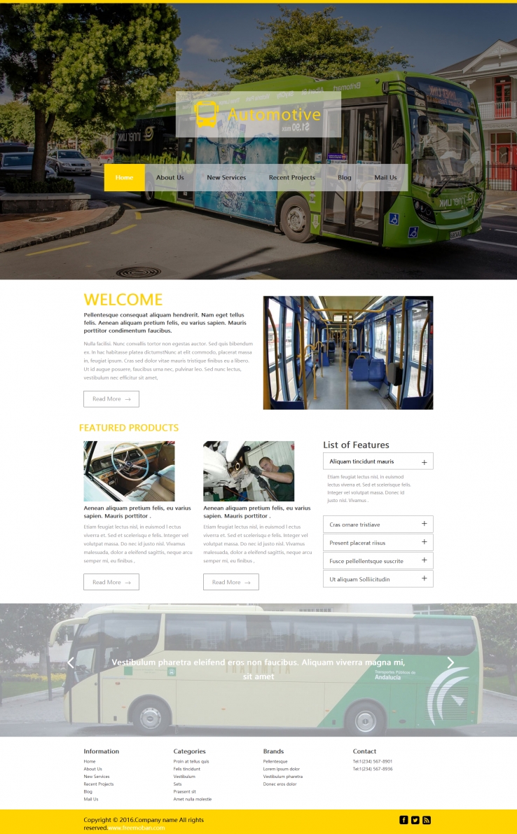黄色大气风格的城市公交巴士网站模板下载