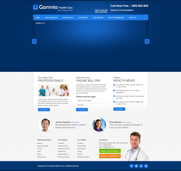 蓝色简洁风格的医疗团队介绍整站网站模板