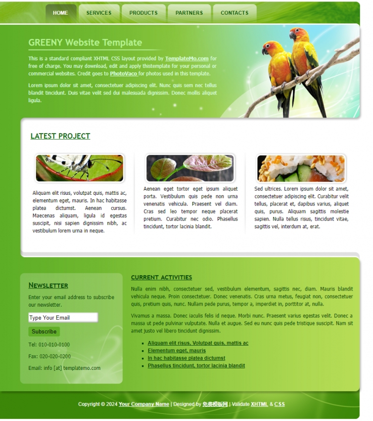 简洁绿色效果的鹦鹉鸟类网站模板下载
