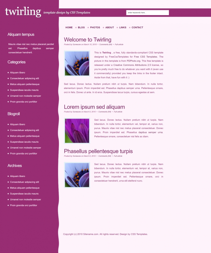 紫色旋转效果的BLOG网页模板下载