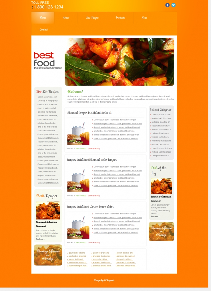 橙色简洁风格的博客美食日志网站模板