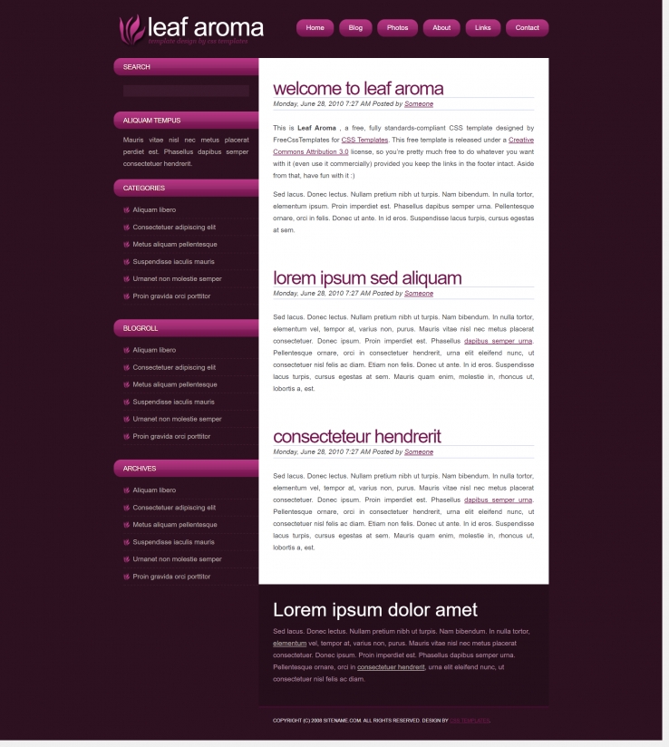 紫粉色叶香的BLOG网页模板下载