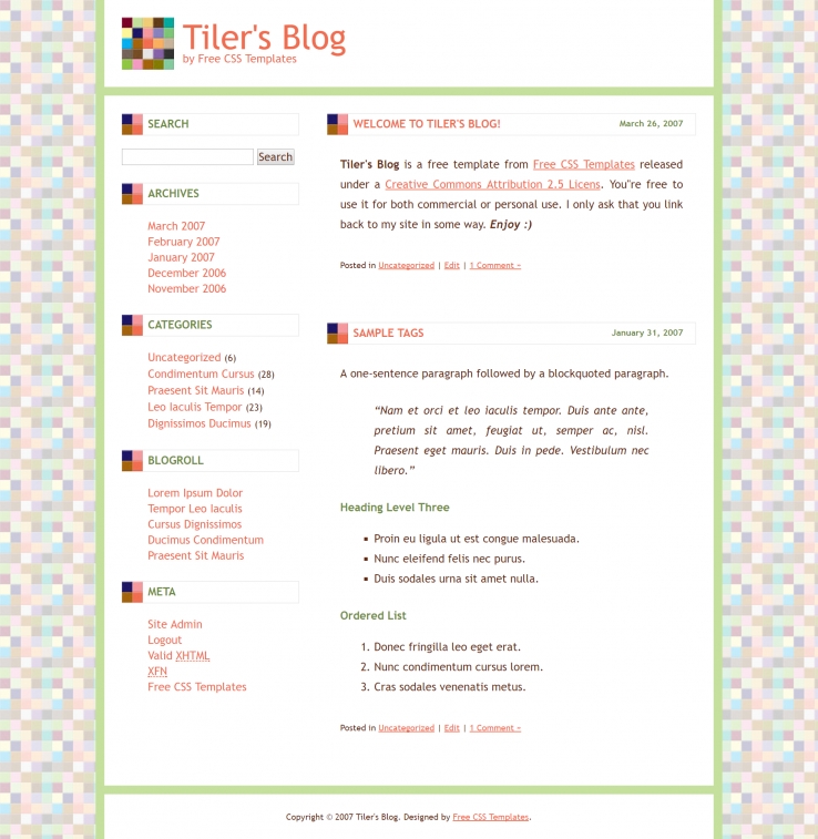 彩色马赛克背景的BLOG网页模板下载