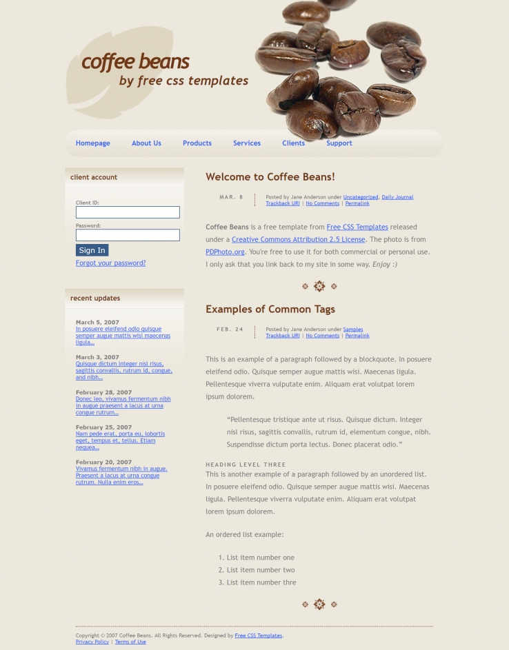 咖啡豆主题的博客网页模板下载