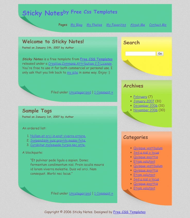 彩色即时贴效果的博客网页模板下载
