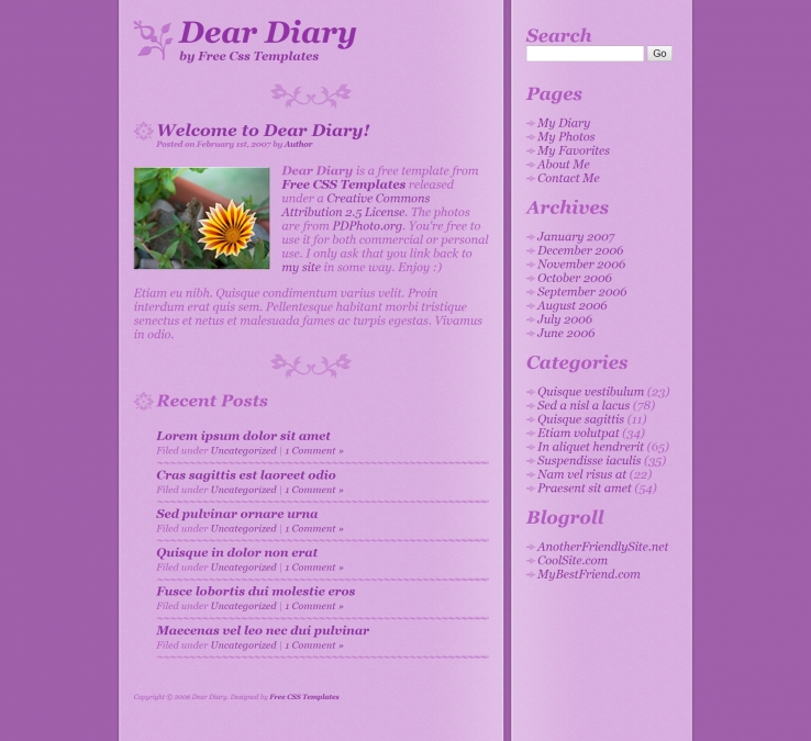 紫色浪漫效果的日记网页模板下载