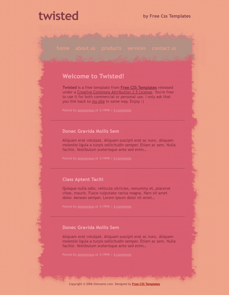 粉红色扭曲边缘的博客网页模板下载