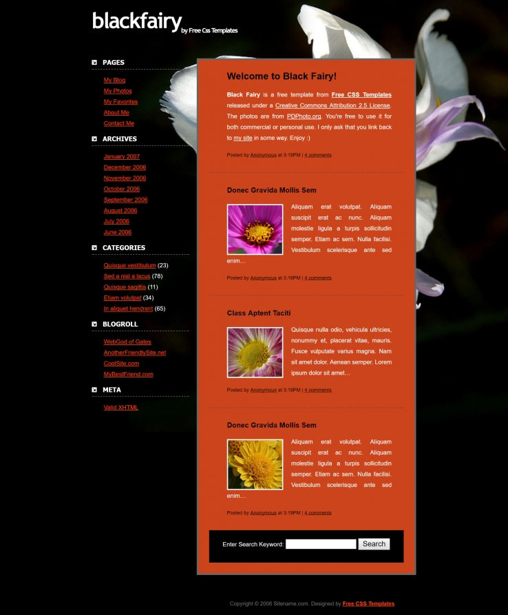 盛开花朵效果的BLOG网页模板下载