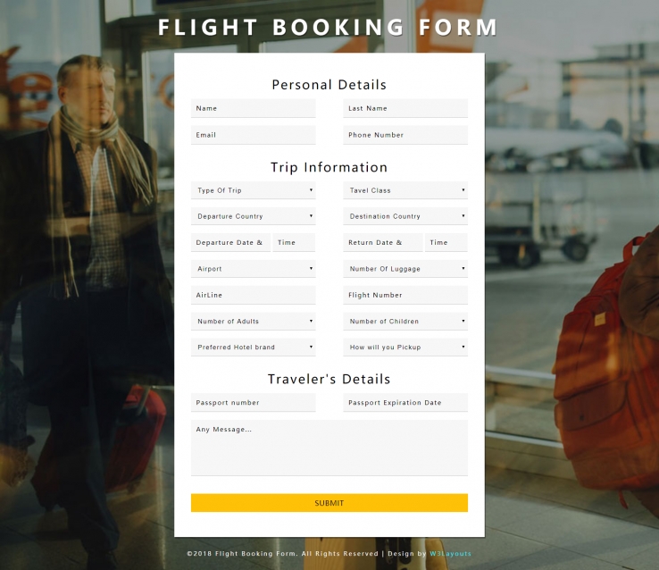 黄色简洁风格的航班预定表源码下载