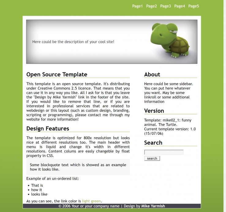 可爱乌龟绿色的BLOG网页模板下载