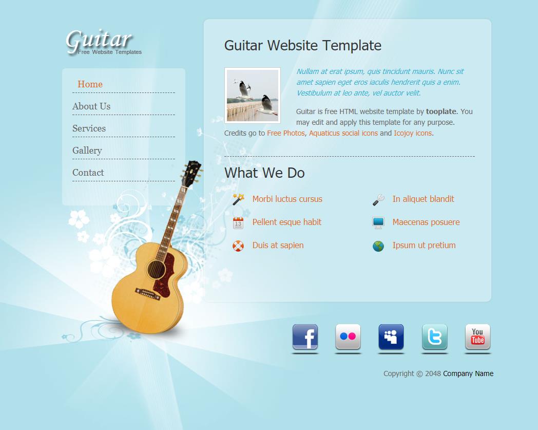 蓝色精致风的吉他教学网页模板下载