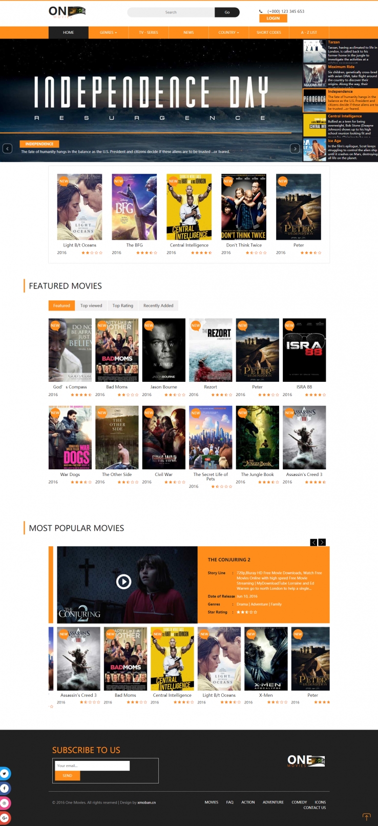 橙色欧美风格的电影娱乐整站网站源码下载