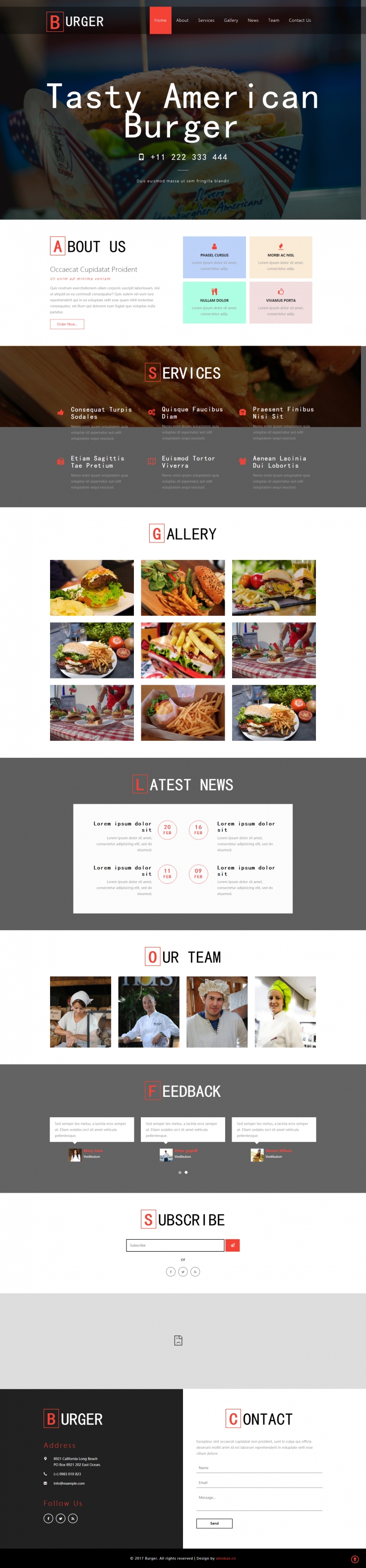 红色欧美风格的汉堡快餐厅企业网站源码下载