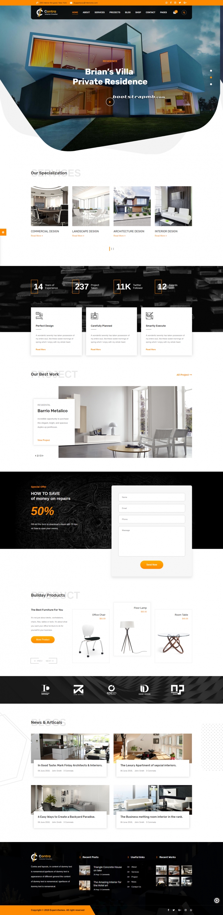 橙色宽屏风格的室内装饰设计企业网站源码下载